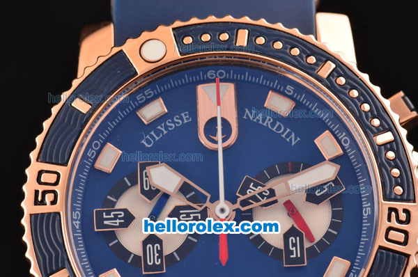 Ulysse Nardin Maxi Marine Diver Chrono OS20 Miyota Quartz Rose Gold Case with Blue Dial and Blue Rubber Strap - 7750 Coating - Click Image to Close